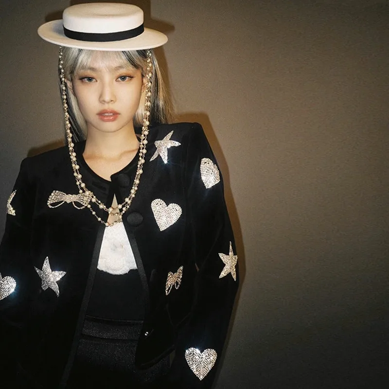 

Vintage High Street Jacket Baseball Jacket Women Heavy Industry Hot Drilling Black Velvet Autumn Winter Short Coats Brand New