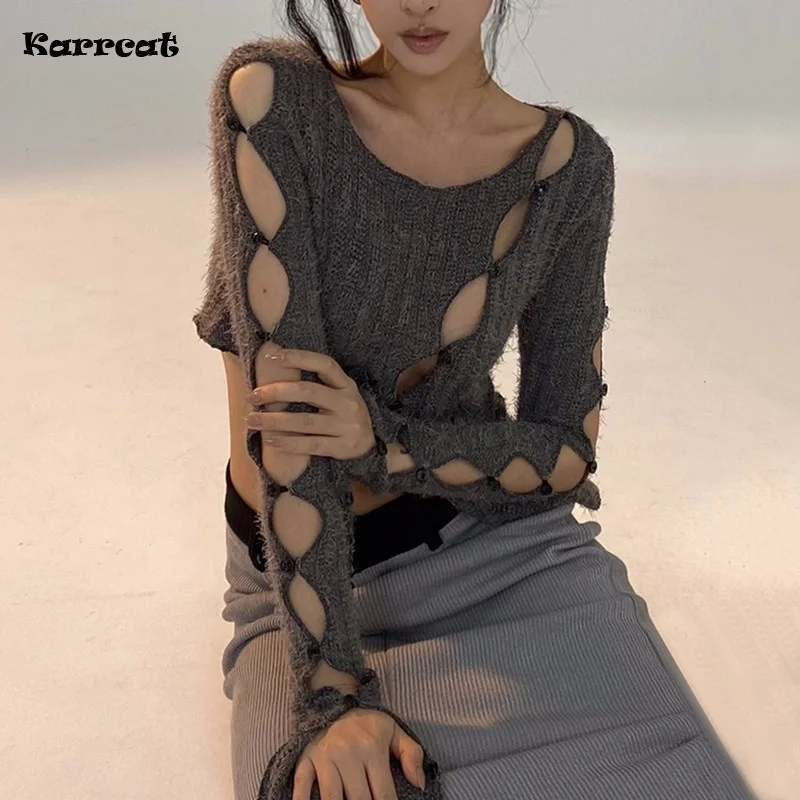 

Karrra Готический пуловер с вырезами гранж Асимметричный свитер с дырками шикарная Дизайнерская одежда Харадзюку трикотажные сочные темные эстетические