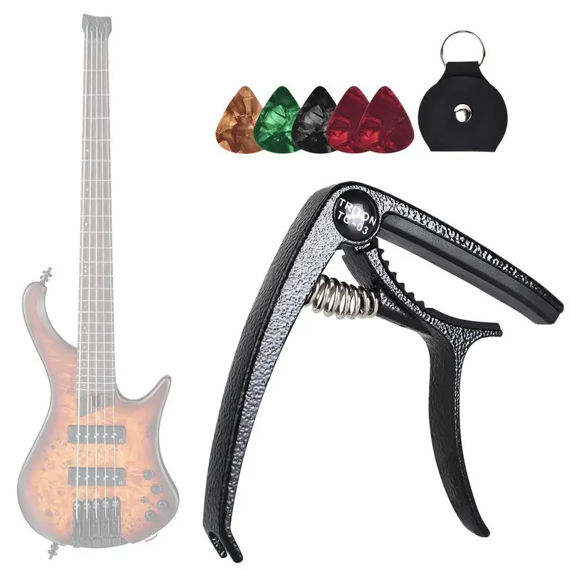 

Universal Single Handed Capo Quick-Change Capo For Acoustic And Electric Guitars With Leather Pick Holder And 5 Picks Universal