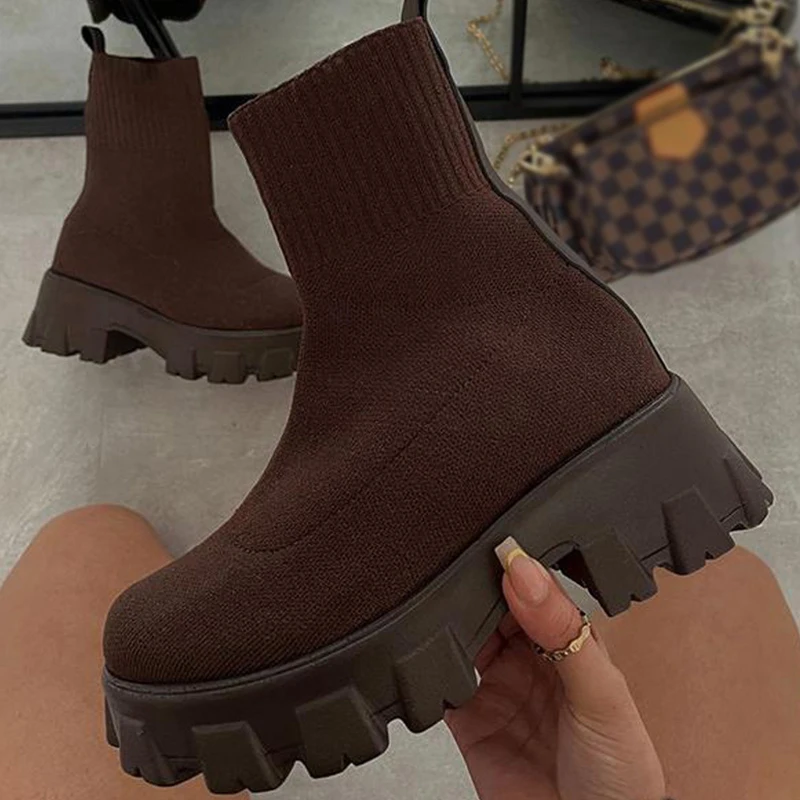 Ladies Boots Spring Autumn Ankle Boots Thick Sole Round Toe Outdoor Fashion Casual Shoes Solid Color Vulcanized Shoes Zapatos