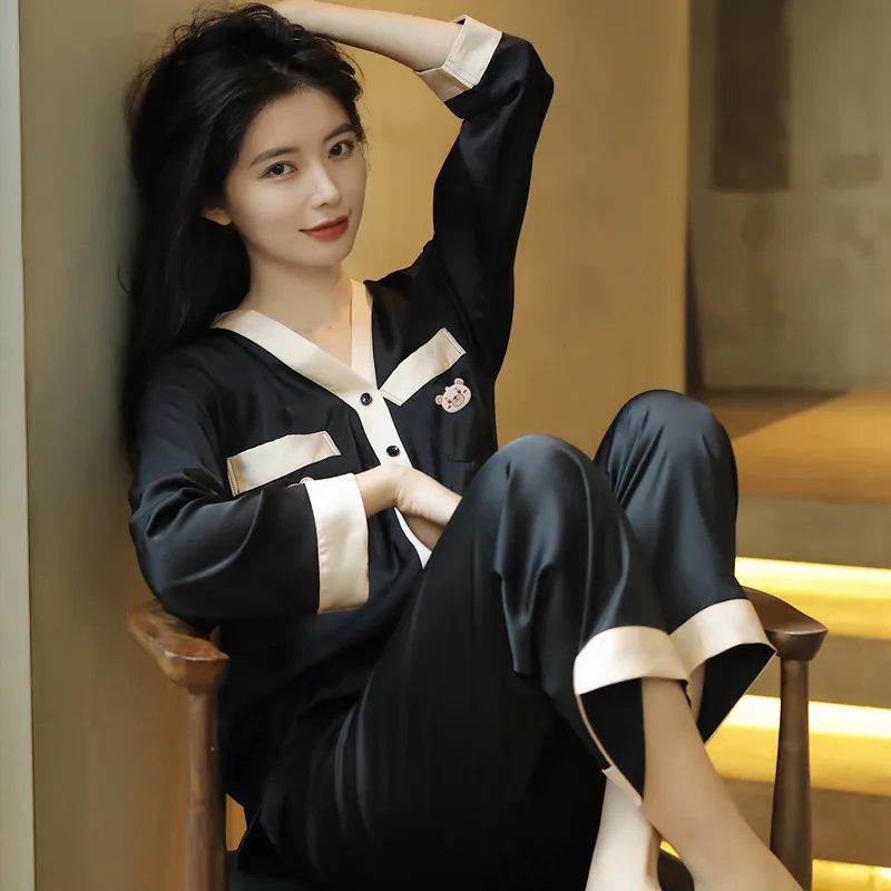 Silk Satin Pajamas for Womens Sets Floral Long Sleeve Pajamas Sets Women's Two Pieces Solid Color Comfort Sleep Homewear