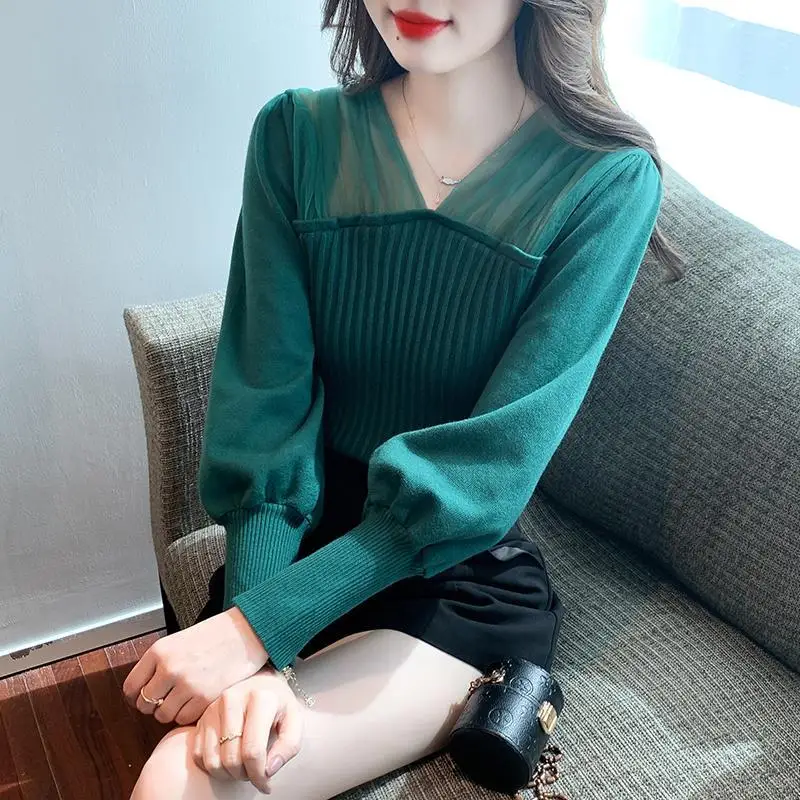 

Mesh Spliced V-neck Knitwear Top Women's Autumn Winter Temperament Long Sleeve Sweater Fashion Solid Color Bottoming Blouse