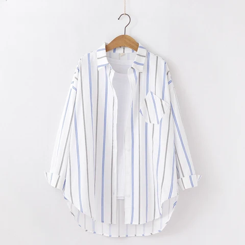 Рубашка женская свободная в полоску, повседневная Милая стильная блузка с длинным рукавом и принтом, топ на осень, 2024