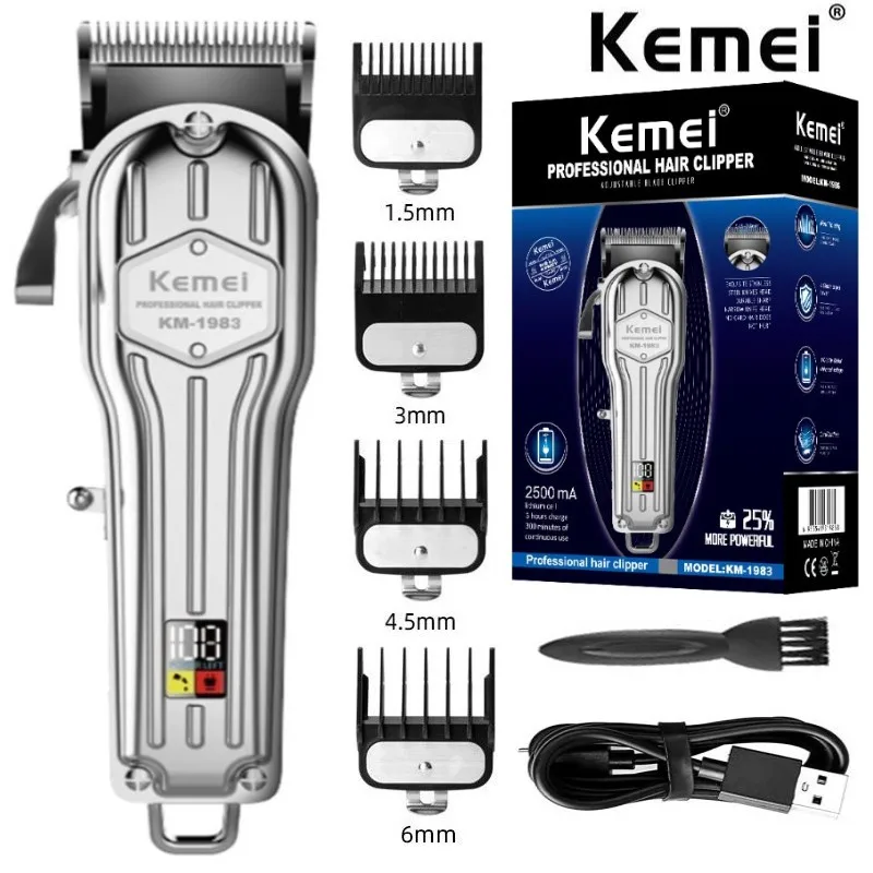 

Профессиональная машинка для стрижки волос Kemei 1983, полностью металлический перезаряжаемый триммер для парикмахера, Мужская электрическая ...