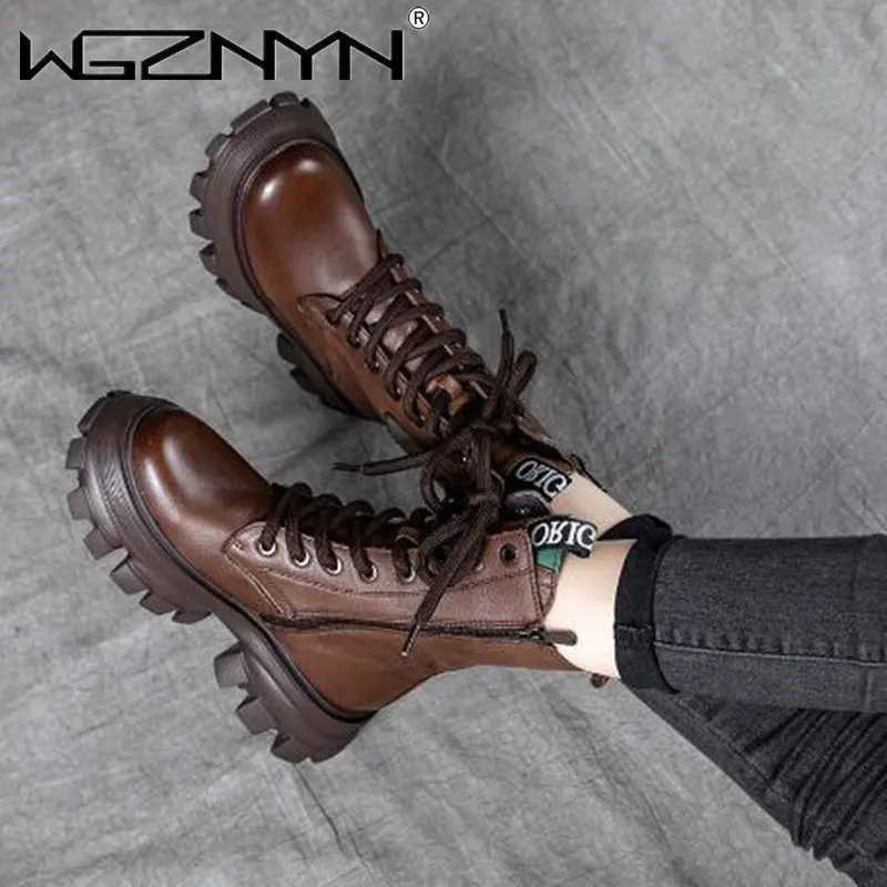 

2023 NEW Winter Autumn Warm Thick Bottom Boots Spring Lace Up Mid Fashion Genuine PU Leather Retro British Womens Handmade Shoes