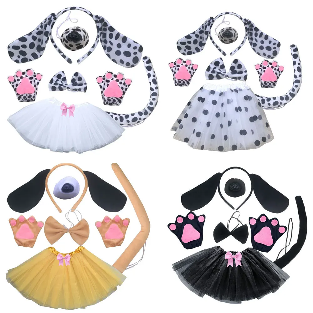 

Dog Costume for Girls Kids Children Ear Headband Tails Bow Nose Skirt Animals Cosplay Set Halloween Birthday Party Gift Headwear