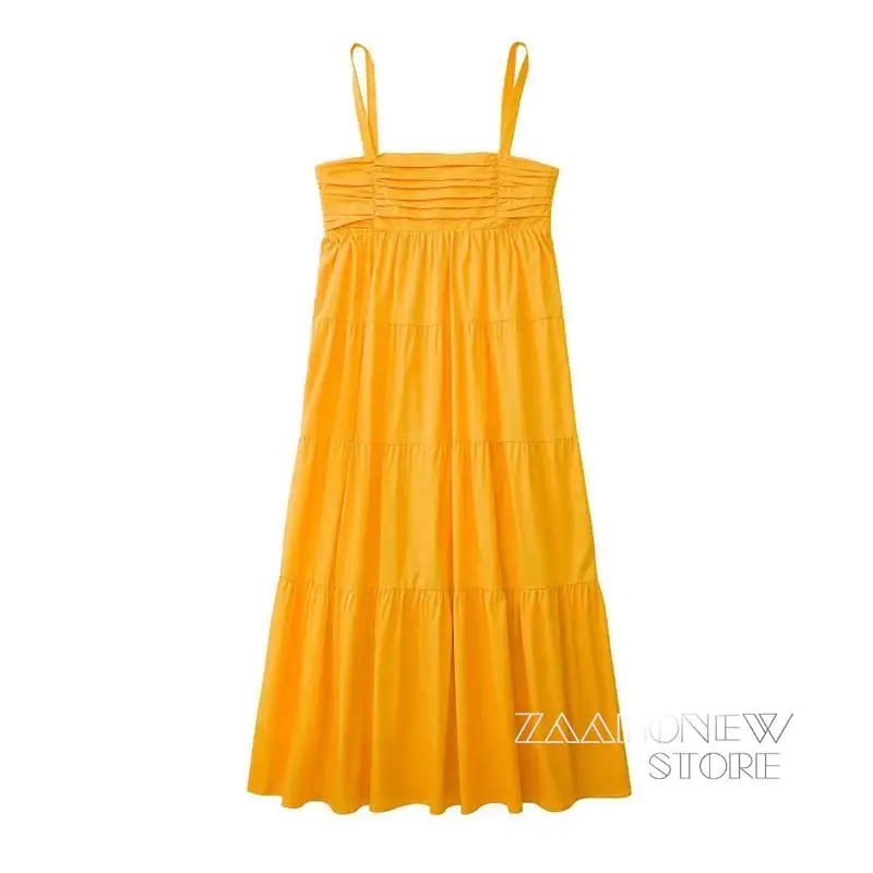 

ZAAHONEW 2022 Summer Women Fashion Suspenders Midi Dresses Female Poplin Layered Splicing Party Elegant Beach Dress
