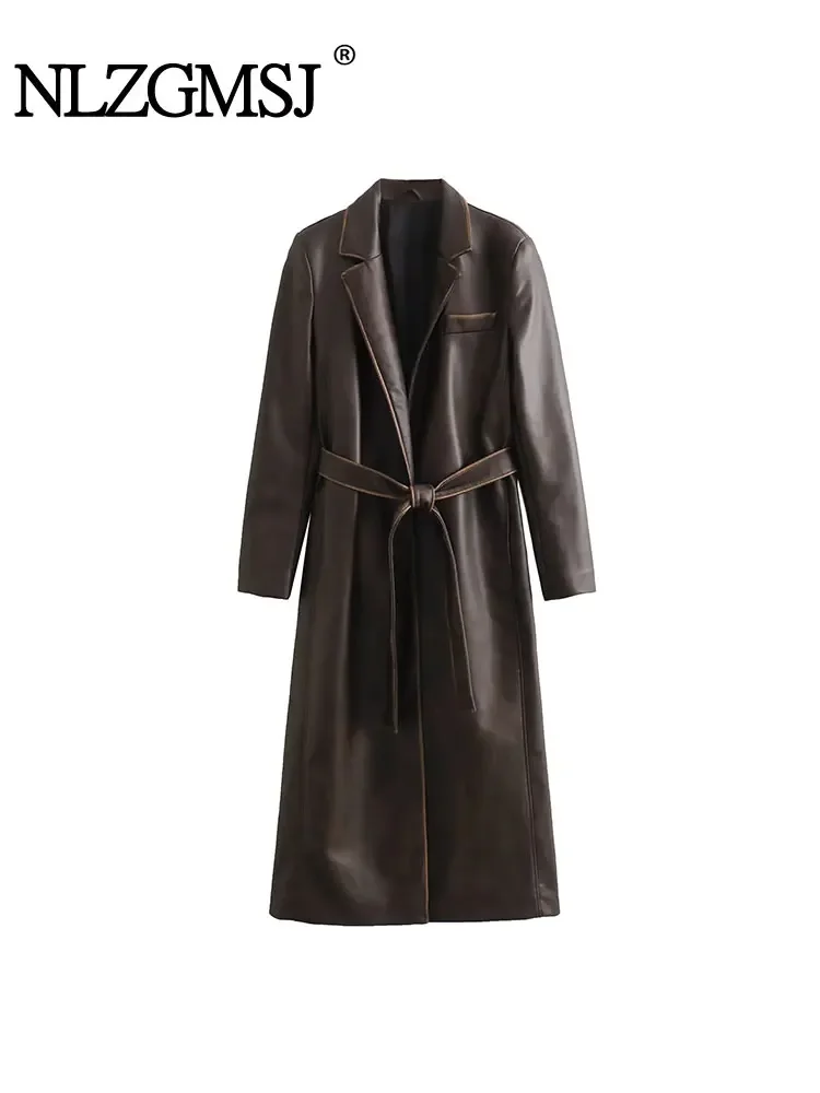 

Винтажные элегантные куртки Nlzgmsj TRAF из искусственной кожи, женские длинные тренчи с поясом на талии и длинным рукавом, куртка