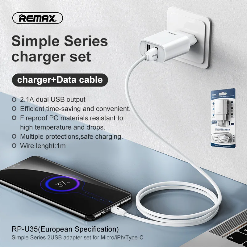 remax usb phone charger 2 ports adapter set 1m lightning cable for iphone 11 12 13 pro samsung xiaomi micro type c cord eu plug free global shipping