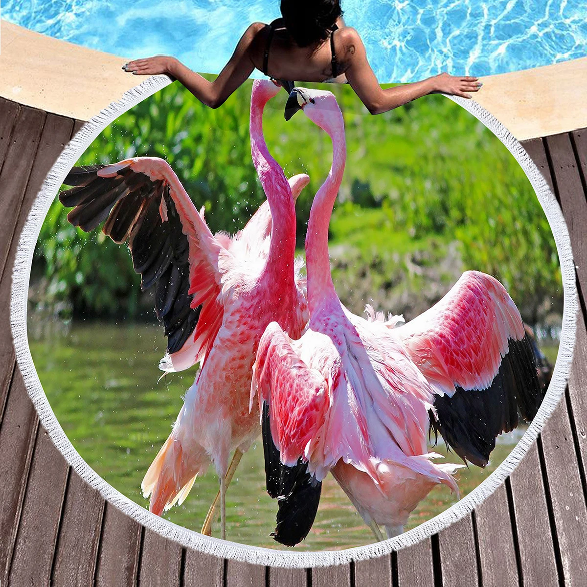 

Round Beach Blanket,Playing Flamingo Polyester Sand Resistant Beach Towel,Absorbent Quick Dry Pool Towel Comfortable Picnic Mat