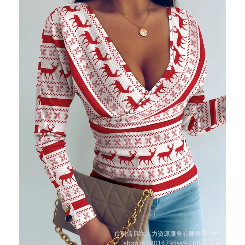 Women's T-shirt Top Summer Fashion Slim Print Pullover T-shirt Women's Casual Long Sleeve V-neck T-shirt Sexy Top
