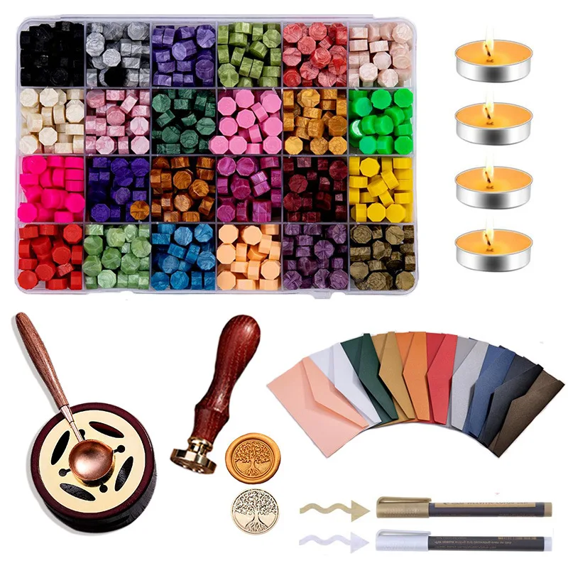 

Retro Sealing Wax Octagon Wax Beads Set Boxed Wax Pellets + Melting Furnace + Envelope + Wooden Handle Stamp + Spoon + Metal Pen