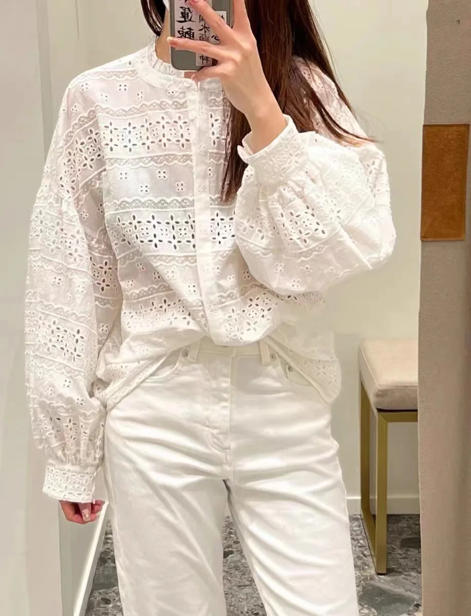 

2023 New Women's Embroidery Hollow Out Ruffled Collar Shirt Fashion Lantern Long Sleeve Blouse