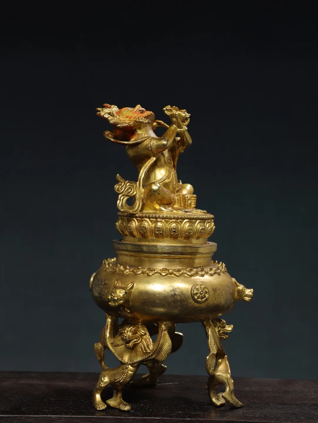 

12"Tibet Temple Collection Old Bronze Gilding Cinnabar Painted Mahakala Buddha Lion Three legged incense burner Worship Hall