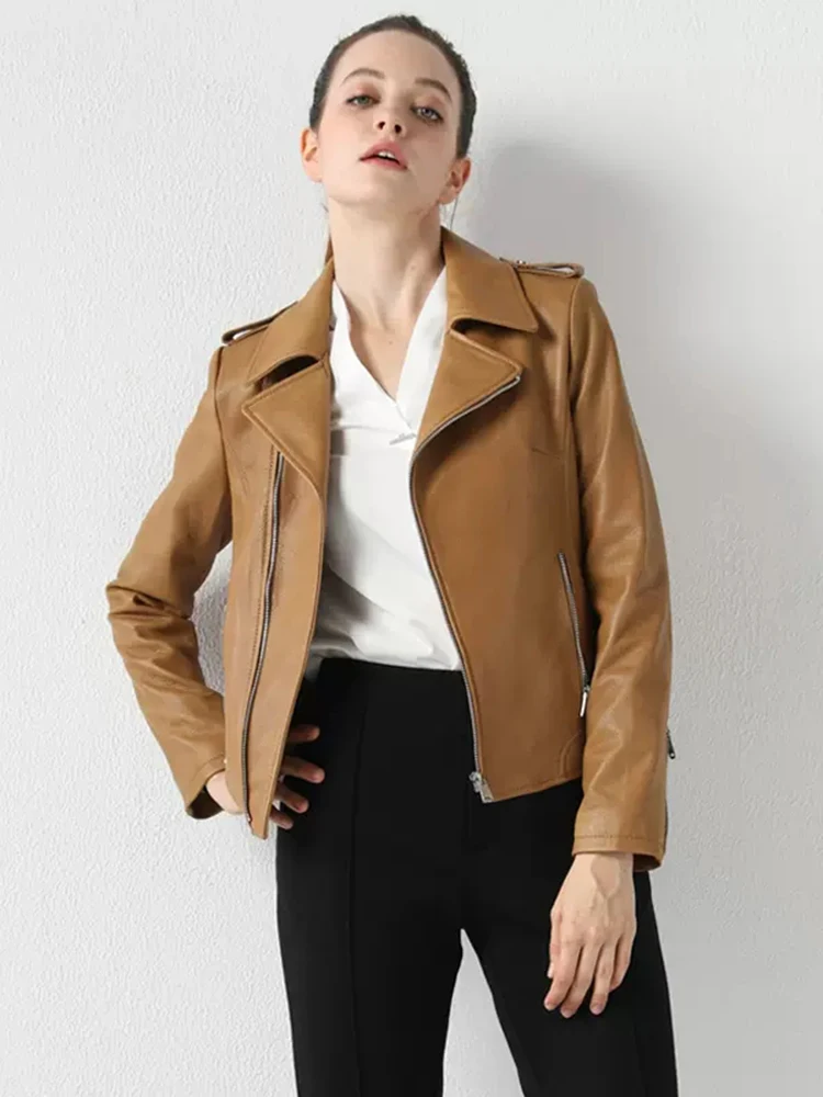 New Women Genuine Leather Jacket Spring Autumn Fashion Casual Turn-down Collar Sheepskin Short Coat Slim Moto Outerwear Female