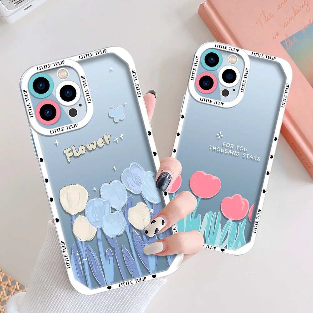 

Painted Flower Floral Phone Case for iPhone 13 12 Mini 11 Pro Max XS X XR 7 8 Plus SE 2020 Transparent Soft Covers for iPhone13