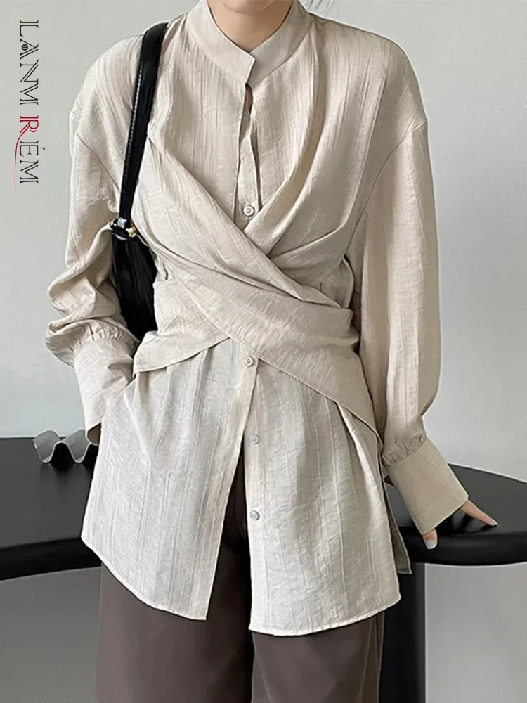 

[LANMREM] Irregular Bandage Shirt Women Stand Neck Long Sleeve Single Breasted Casual Blouses Female Top 2023 Autumn New 26D1120