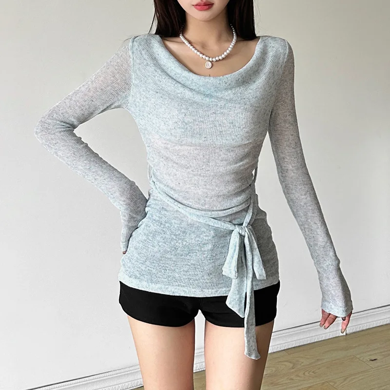 Женская трикотажная футболка с длинным рукавом и воротником-стойкой