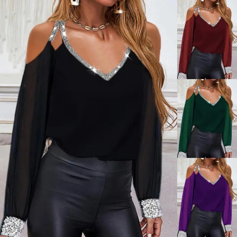 

Oversize Women Top Long Sleeve Off Shoulder Sequin Patchwork T Shirt Fashion Office Women Sexy Vintage Spring Blouse Shirts 2022