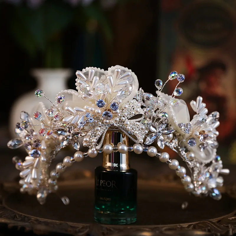 

Wedding Tiara Pearl Crystal Flower Luxury Korean Fashion Bridal Crown Diadem Headband Hair Accessories Headdress Head Jewelry