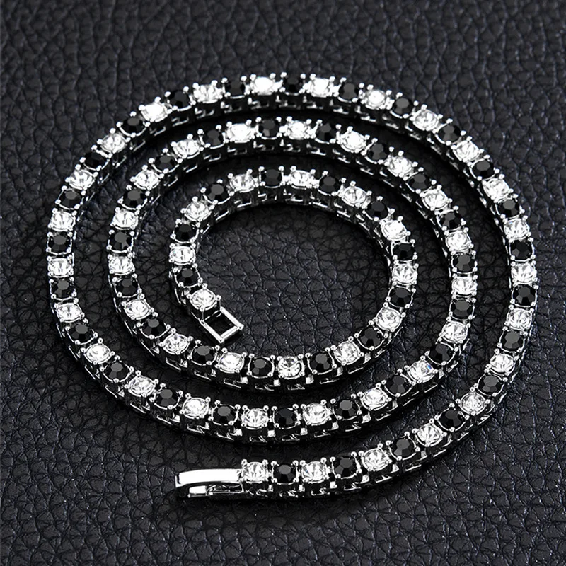 

4mm 1 Row Black White Crystal Cz Stone Tennis Chain Hip Hop Choker Necklace Bling Iced Out Rock Jewelry For Men Women 18inch