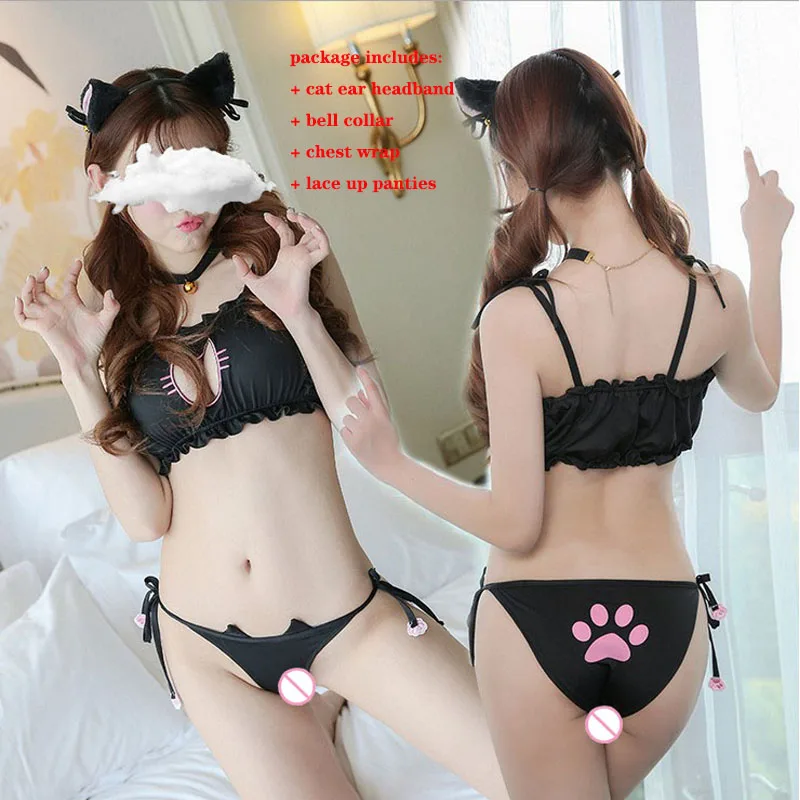 

Сексуальное нижнее белье для женщин и девушек, косплей, Униформа горничной, кот, брифы, комплект с воротником, нижнее белье (чокер с колокольчиком + топ + трусики)