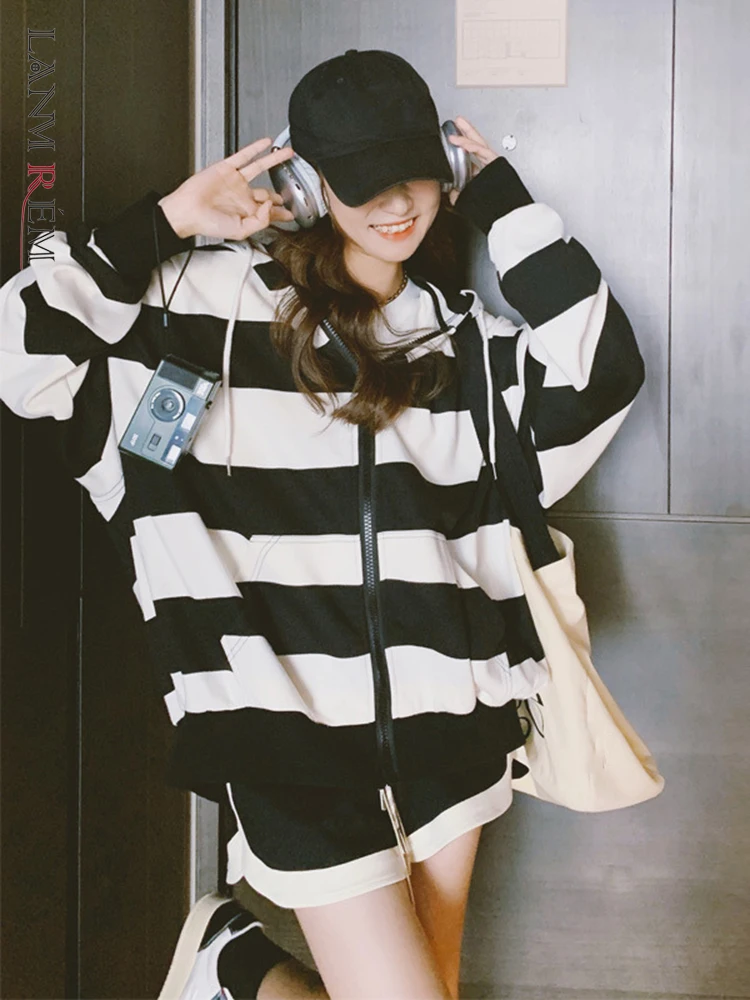

LANMREM Hooded Sweatshirts For Women Long Sleeves Color Block Striped Zipper Coat Female Loose Casual Clothes 2022 Autumn 2R4518