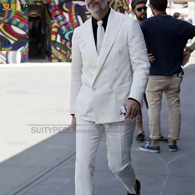 Льняные костюмы цвета слоновой кости для мужчин Slim Fit Формальный выпускной
