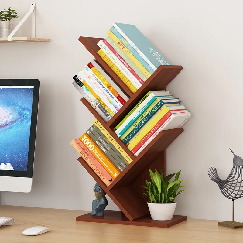 4-Shelf Tree Bookshelf Floor Desk Stand Bookcase Display Shelves for Magazine Book Storage Rack for Bedroom Living Room Office
