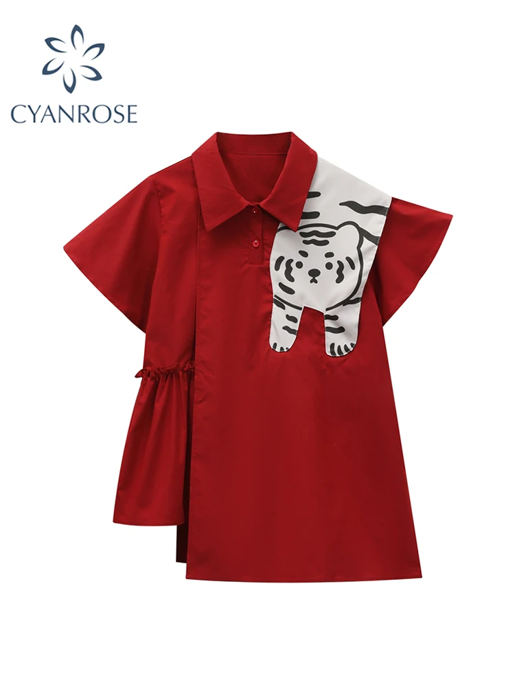 

Women Blouses Fashion Patchwork Striped Kawaii Korean Red Polo Short Sleeve Shirts Harajuku Elegant Y2k Blusas Tops Summer 2023