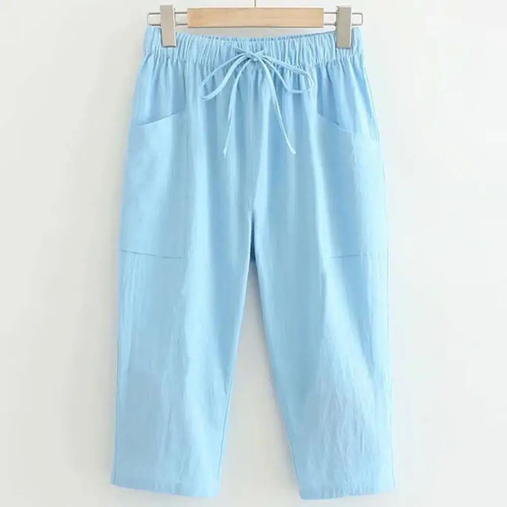 

Women Pants Summer Cotton Linen Casual Pants Loose Elastic Waist Pockets Ladies Pants Lace-Up Wide-Leg Female Trousers For Daily