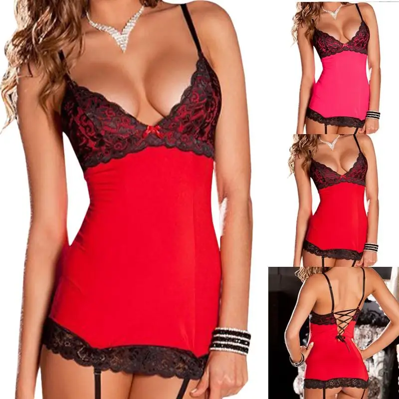 

Women Lace Patchwork Sleep Dress Deep V Neck Sexy Nightdress Hollow Out Nightgown Backless Nightwear