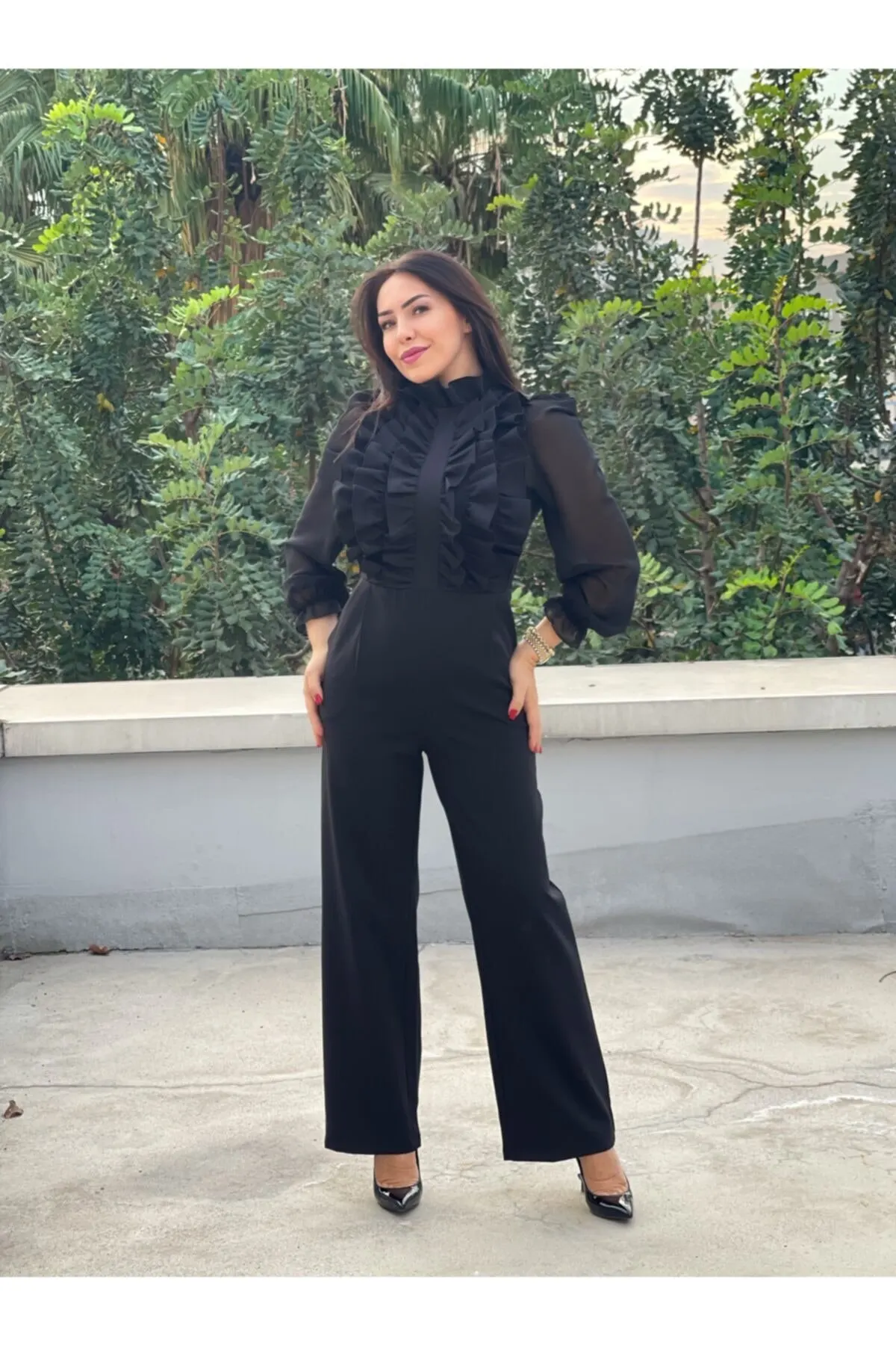 

Women's Overalls Black Jumpsuit With Ruffle Detail Hot Style Quality Fabric Sleeveless Baggy Trousers Casual Jumpsuit