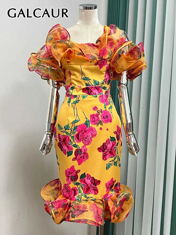 

GALCAUR Slash Neck Dress For Women Short Sleeve High Waist Colorblock Patchwork Print Ruched Midi Dresses Female Clothing Style