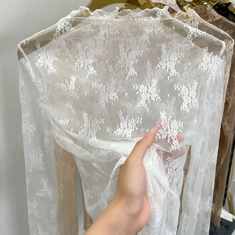Y2k Однотонные блузки с воротником-стойкой и краями кружевные слегка прозрачные