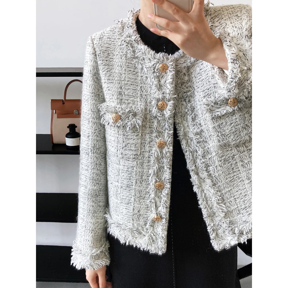 

Women's Tassel Tweed Coat Elegant White Metal Button Jacket