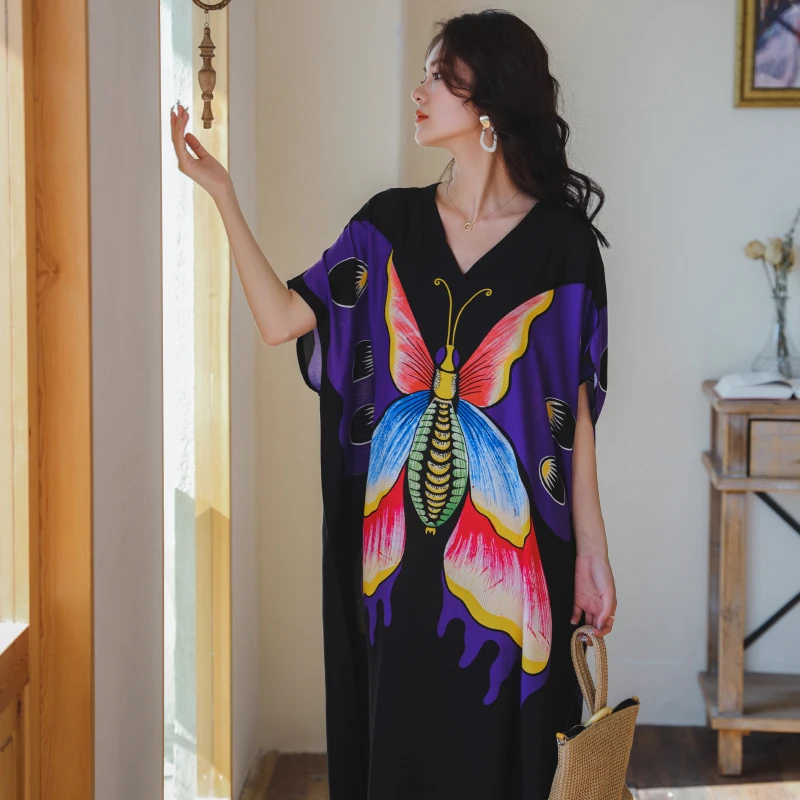 

SuperAen 2022 Summer New V-neck Long Loose Bohemian Holiday Printing A-LINE Casual Dress for Women