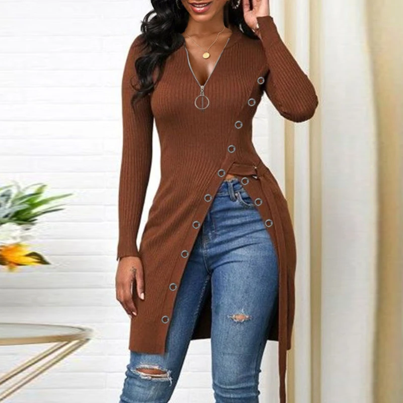 

Spring Long Sleeve Women Shirts Fashion Zipper V-Neck Button High Split Lady Blouse Vintage Solid Casual Loose Pullover Tops