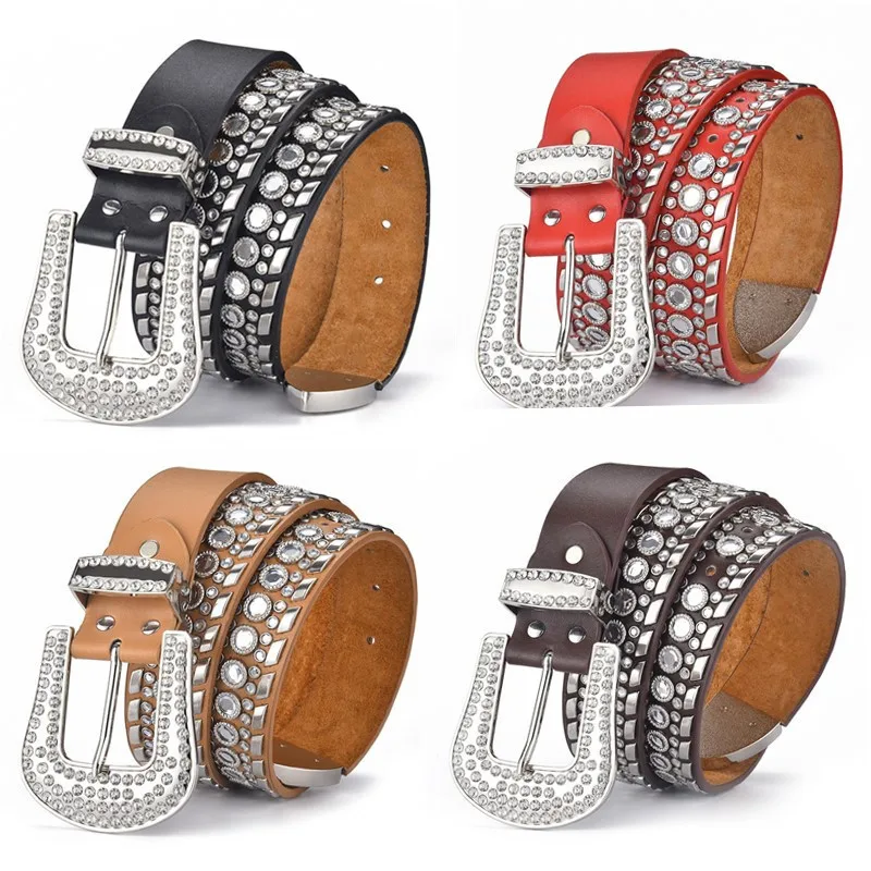Fashion rhinestone genuine leather belts for women Luxury Pin buckle belt woman Quality second layer cow strap Cinto De Strass
