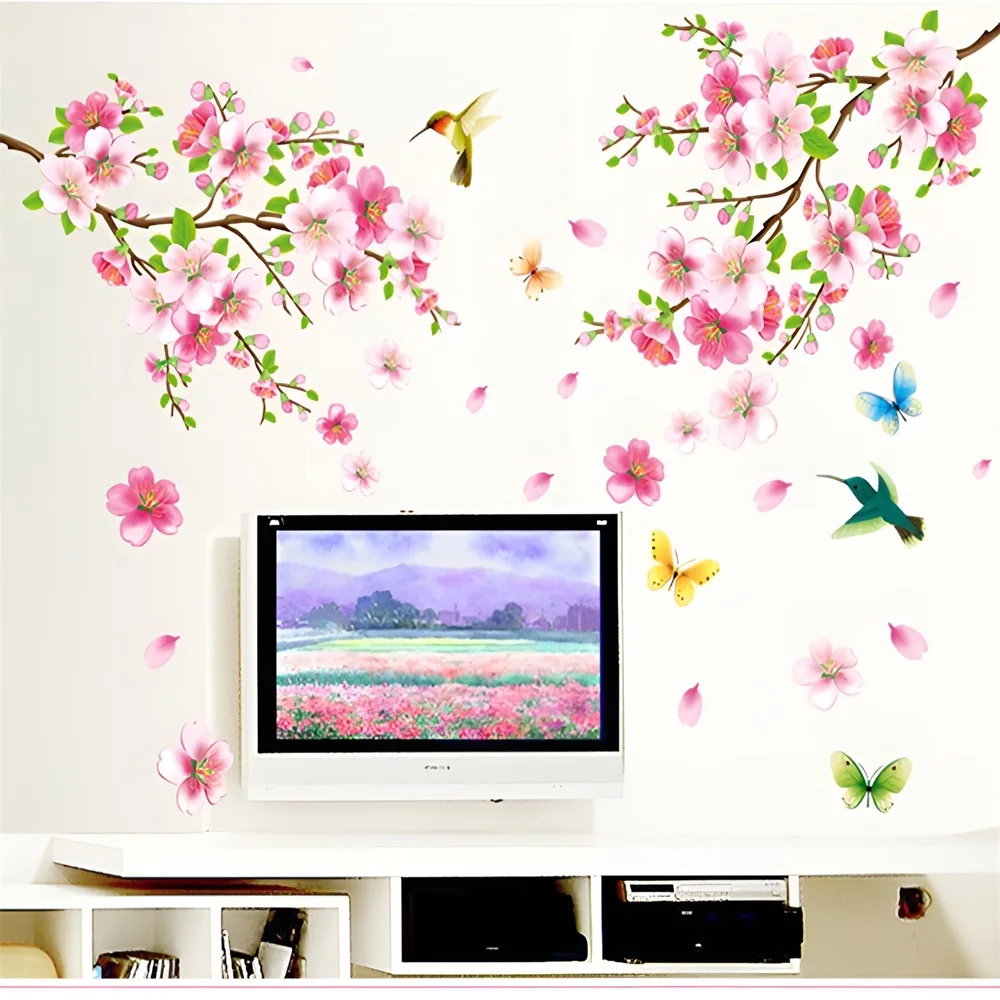

Большая розовая персиковая Цветущая Настенная Наклейка s Sparrow Butterfly Decor гостиная стеклянная ТВ-наклейка фоновые обои флора и фауна