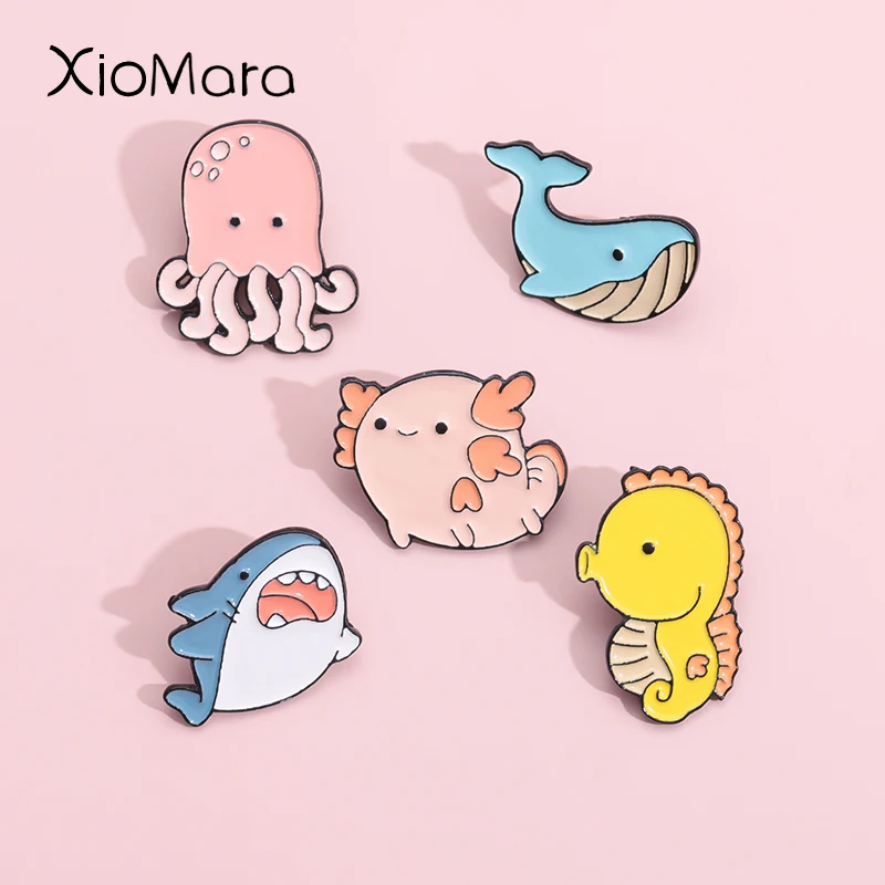 

Cartoon Marine Life Enamel Pin Custom Whale Octopus Seahorse Shark Pufferfish Sea Lion Brooch Lapel Badges Jewelry Gift For Kids