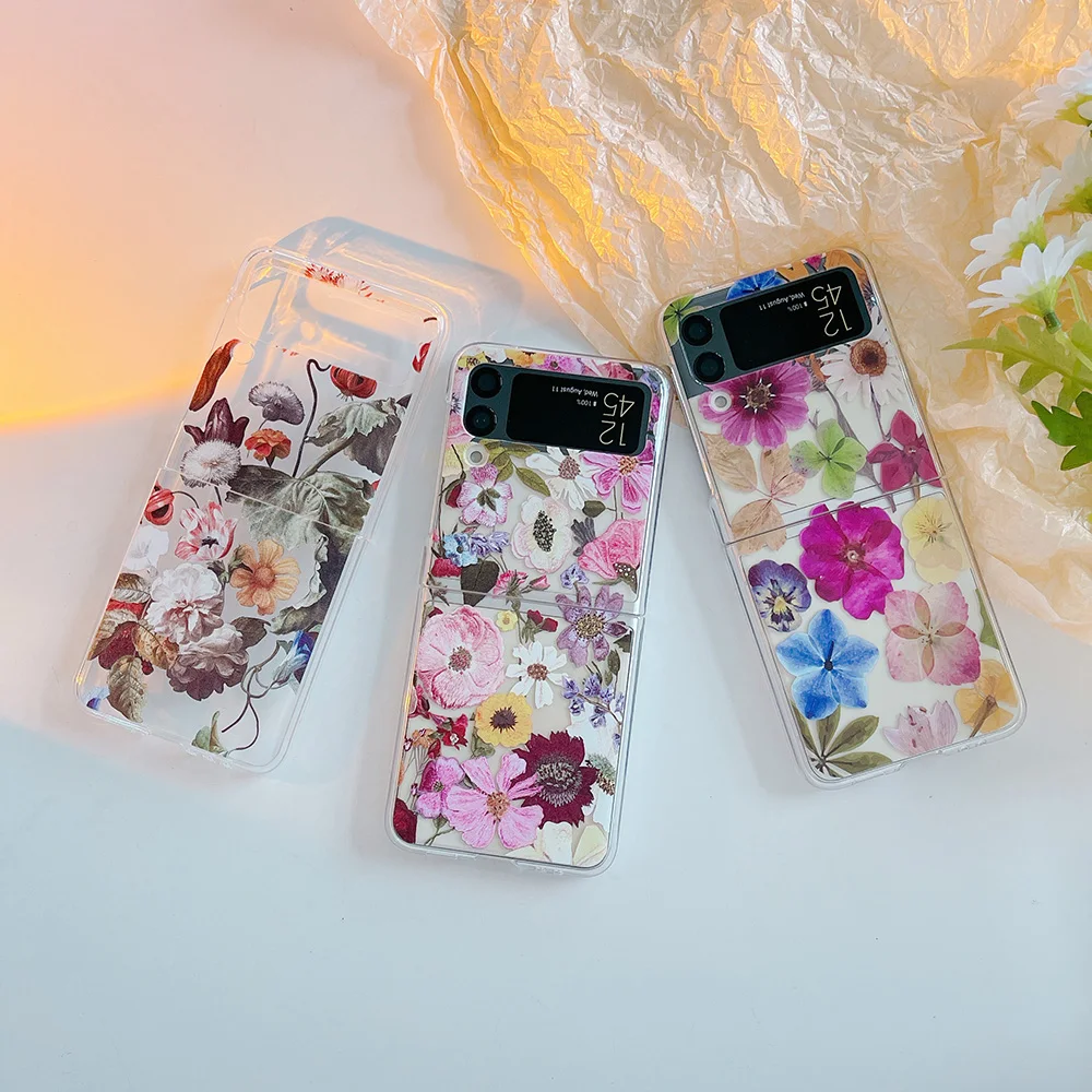 

For Samsung Z Flip4 ZFlip3 5G Case Flower Painted Transparent Folding Phone Case Shockproof Hard PC Back