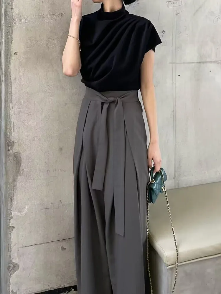 

Женский комплект из двух предметов, винтажный офисный Топ неправильной формы в Корейском стиле и брюки с широкими штанинами на шнуровке