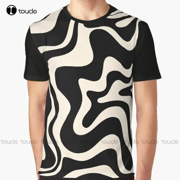 

Retro Liquid Swirl Abstract Pattern In Black And Almond Cream Graphic T-Shirt Custom Gift Xxs-5Xl Streetwear