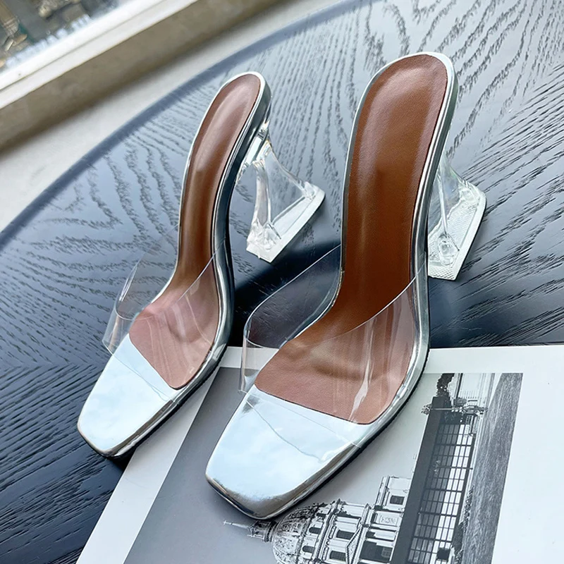 

Transparent Strange Heels Slippers Women Summer 2022 Fashion Square Toe Shallow Slides Mules PVC Jelly Sandals Shoes Silver Blue