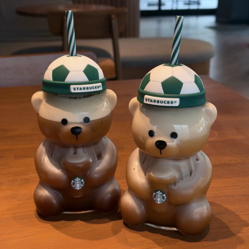 Фото Стакан Starbucks Bear Glass Straw Cup 591 мл с крышкой в виде футбольного шлема, полосатой соломинкой, прозрачный, из высококачественного боросиликатного стекла, портативный, для напитков №3