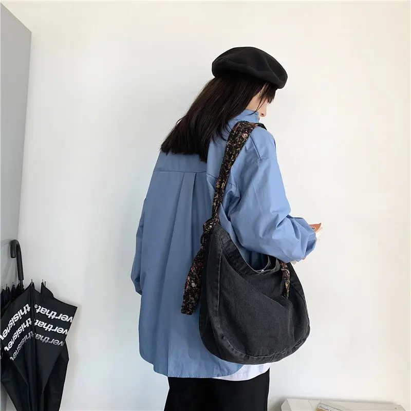 Broken Flower Strap Women's Bag 2022 Trend Denim Crossbody Shoulder Bag Soft Jeans Messenger Bag Foldable Shopper Eco Bag Korean