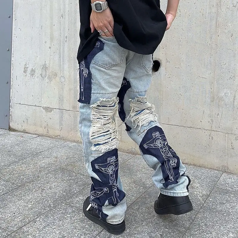 Spring Y2K Men's Vintage Ripped Jeans Clothes Fashion Trousers Cross Splicing Streetwear Straight Baggy Trousers Pants For Men