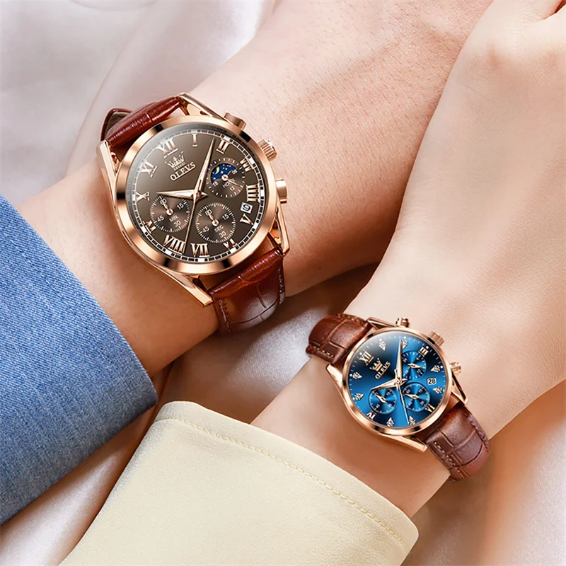 OLEVS Watch Men Rose Gold Couples Wristwatch Fashion Ladies Watches Leather Luminous Date Quartz Lovers Clock Reloj