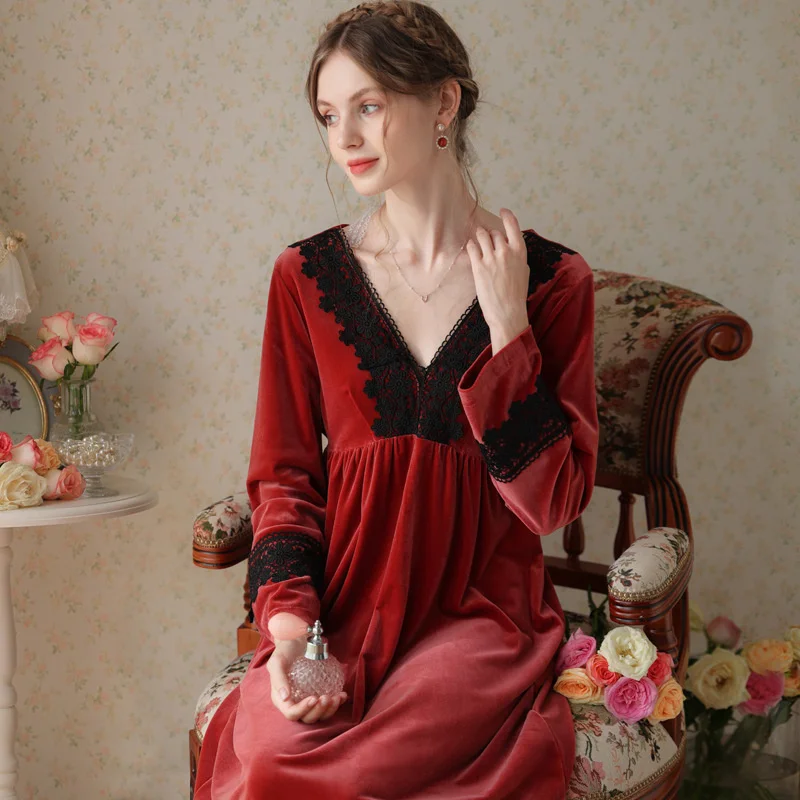 2022 Women Nightdress Fleece V-Neck Lace Sleepshirt Nightwear Elegant Long Dressing Gown Winter Soild Retro Sleepdress Nightgown